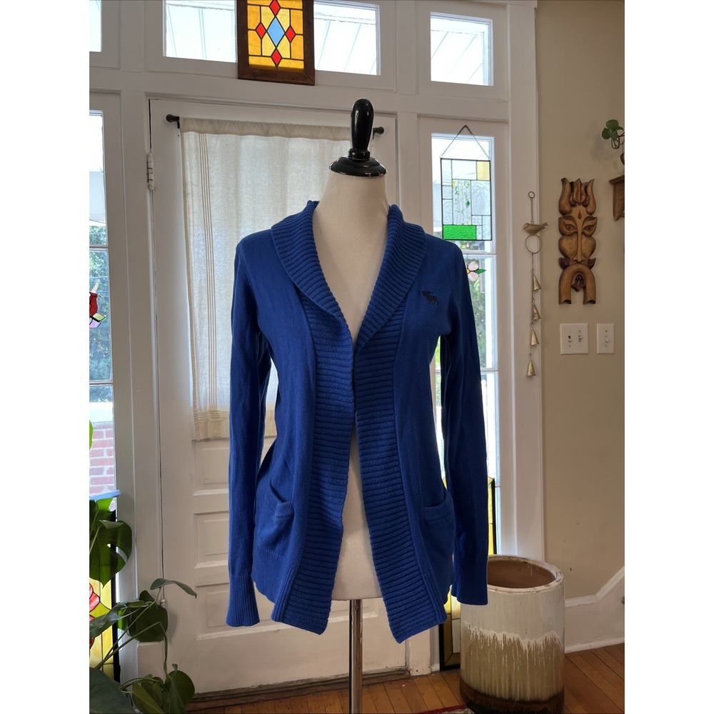 Y2K Abercrombie & Fitch M Bright Blue Button Front Cardigan Sweater Moose Logo